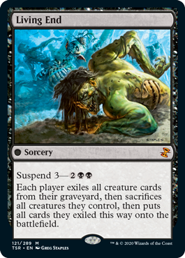 Living End
 Suspend 3—{2}{B}{B}
Each player exiles all creature cards from their graveyard, then sacrifices all creatures they control, then puts all cards they exiled this way onto the battlefield.
